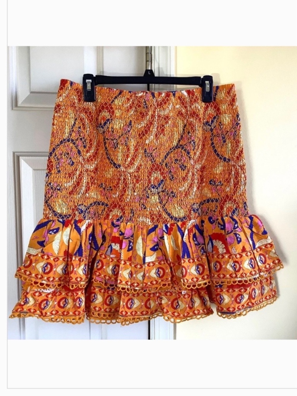 Farm Rio Smocked Mini Skirt Palms Party Yellow SZ XL